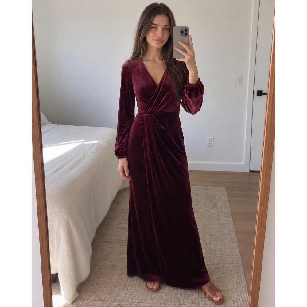 Revelry Womens Velvet Gown 4 Burgundy Long Sleeve Wrap Whimsigoth Formal Wedding